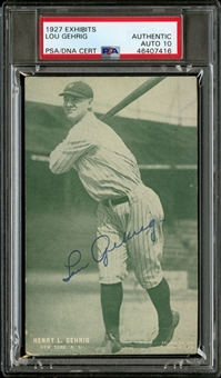 1927 Exhibits Lou Gehrig Signed Card – PSA/DNA GEM MT 10 – One of the Finest Gehrig Signatures in the Hobby - 1 of 1 Gehrig Card Auto!